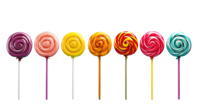 Set of realistic spiral striped colorful lollipops on plastic sticks isolated on transparent background