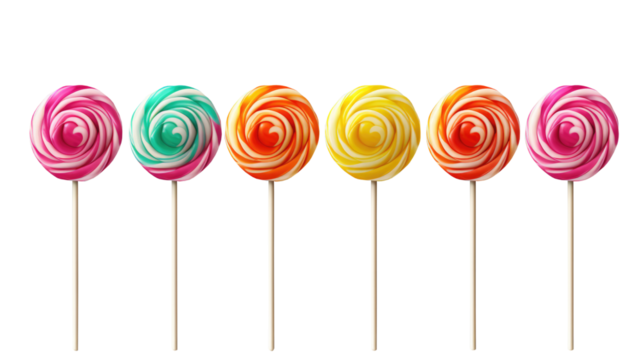 Set of realistic spiral striped colorful lollipops on plastic sticks isolated on transparent background