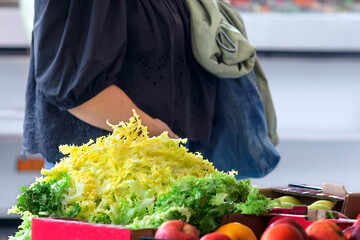 obese woman buying vegetables legumes and fruits for her diet at the city street market