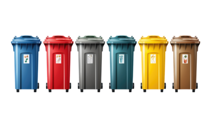 Set of recycling trash cans with glass, paper, metallic and plastic waste isolated on transparent background