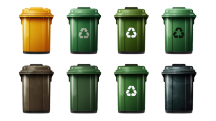 Set of recycling trash cans with glass, paper, metallic and plastic waste isolated on transparent background