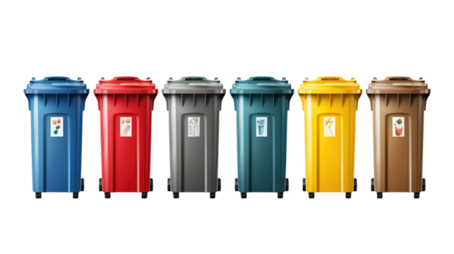 Set of recycling trash cans with glass, paper, metallic and plastic waste isolated on transparent background