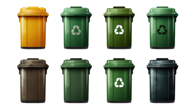 Set of recycling trash cans with glass, paper, metallic and plastic waste isolated on transparent background