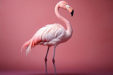 A graceful flamingo, standing on one leg, posing elegantly in a studio setting, isolated on a brilliant solid backdrop, symbolizing elegance and poise.