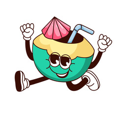 Groovy cocktail in coconut character vector illustration. Cartoon isolated retro summer beach drink sticker of green open tropical nut with cute face, straw and umbrella, happy cocktail mascot running