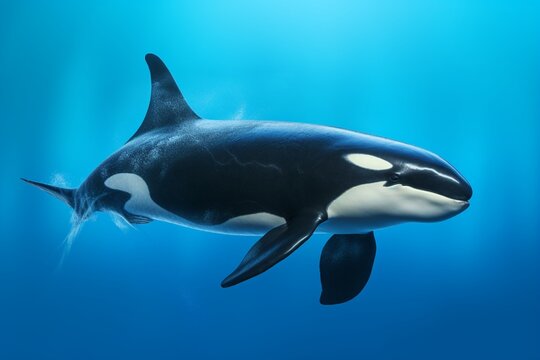 A majestic orca, its powerful dorsal fin breaking the surface, posing serenely in a studio setting, isolated on a vibrant solid background, symbolizing strength and freedom.