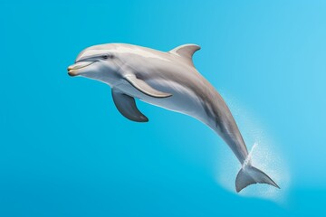 A playful bottlenose dolphin, known for its intelligence, photographed in a studio, isolated on a radiant solid color background, conveying a sense of joy and playfulness.