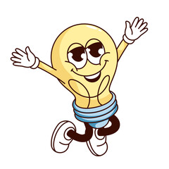 Groovy happy light bulb character vector illustration. Cartoon isolated retro comic sticker of cheerful bright lightbulb mascot jumping with open arms, bulb mascot with creative smart idea and answer