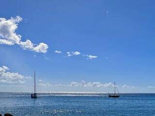 view of sailboats docked offshore in the caribbean sea near a coast of guadeloupe
