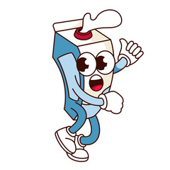 Groovy milk package character vector illustration. Cartoon isolated retro food sticker of frightened carton box running with surprise expression and splash of fresh milk, cardboard container mascot