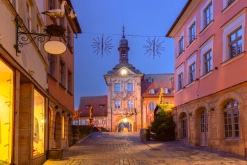 Old town hall or Altes Rathaus and Upper Bridge in Old town at blue hour, Bamberg, Bavaria, Germany