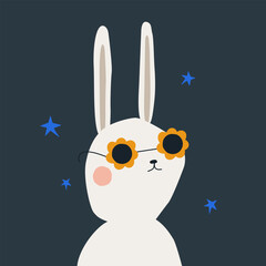 Funny cartoon bunny with sunglasses. Childish graphic. Vector hand drawn illustration.