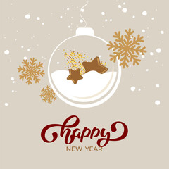 Happy New Year Vector illustration with Lettering and beautiful Christmas tree decoration
