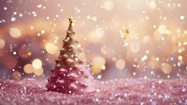 Golden pink christmas tree and glitter bokeh background
