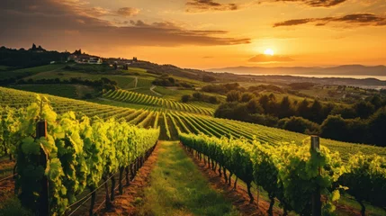Fototapeten Extra wide panoramic shot of a summer vineyard shot at sunset © PaulShlykov