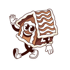 Groovy Gingerbread house character vector illustration. Cartoon isolated retro Xmas sweet food sticker of ginger house cake with candy and icing decoration, happy Christmas mascot walking and waving