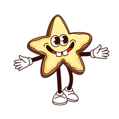 Groovy Christmas cookie character vector illustration. Cartoon isolated retro Xmas food sticker of gingerbread biscuit with star shape and funky smile, sweet ginger cookie with open arms for hug