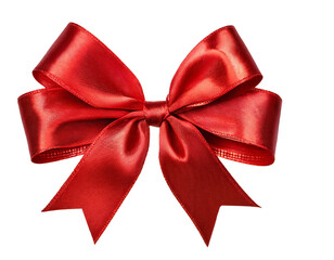 Shiny red satin ribbon bow, isolated on transparent background