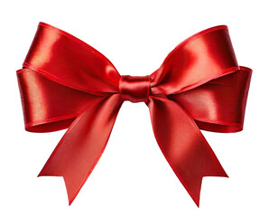 Shiny red satin ribbon bow, isolated on transparent background