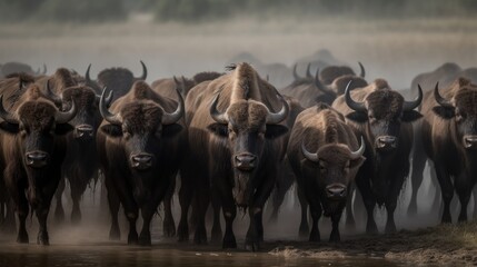European bison (Bison bonasus) herd in misty morning. Wilderness. Wildlife Concept.