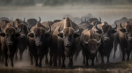 Rolgordijnen European bison (Bison bonasus) herd in misty morning. Wilderness. Wildlife Concept. © John Martin