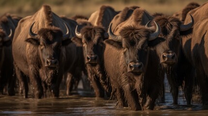 Buffalo herd at waterhole. Wilderness. Wildlife Concept.