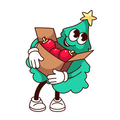 Groovy Christmas Tree character vector illustration. Cartoon isolated retro Xmas sticker of happy green fir tree holding box with red balls to decorate, preparation for Christmas party of comic mascot