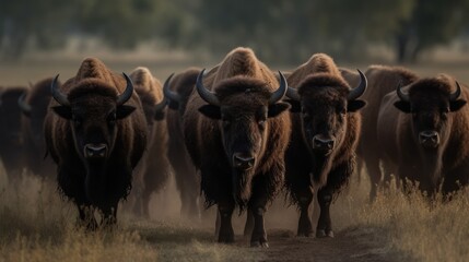 Bison herd in the meadow at sunset. Wildlife scene. Wilderness. Wildlife Concept.