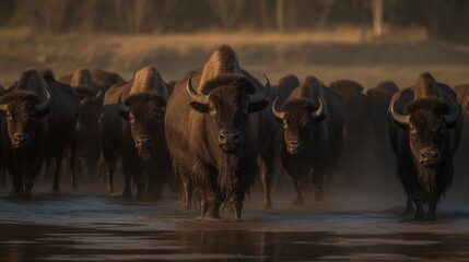 European bison (Bison bonasus) in a waterhole. Wilderness. Wildlife Concept.