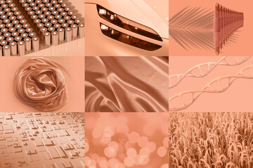 beautiful photo collage in Peach Color, peach fuzz Color year 2024, light shade of orange, pleats...