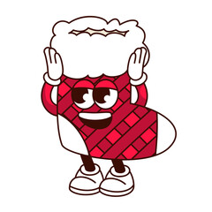 Groovy Christmas stocking character vector illustration. Cartoon isolated retro Xmas sticker of funny boot of Santa or sock for present with arms and legs, Christmas gift mascot with happy face