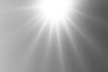 Glow light effect, bright sun. Vector transparent sunlight, special flare effect. Rays of the sun or spotlight. Bright flash. On a transparent background. - obrazy, fototapety, plakaty