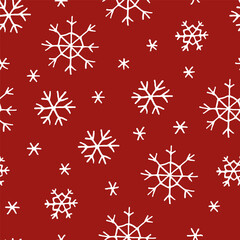 Christmas seamless pattern with doodle snowflakes on a red background.