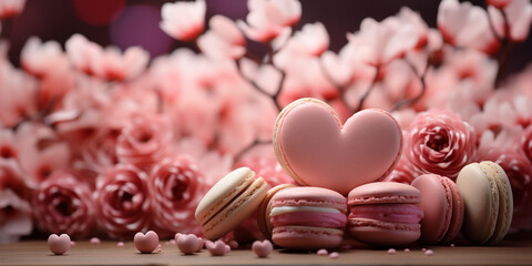 Sweets, heart shaped macaroons on floral background close up. Valentine's day, 14 february theme banner Love and romance background.