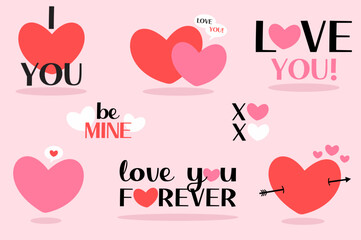 Modern and trendy Valentine’s day element collection. Typography elements. Hearts with quotes in cartoon style. Vector illustration element set.