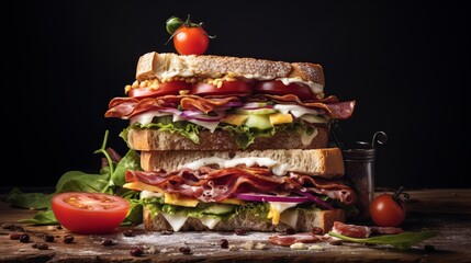 delicious sandwiches, food photography, black background, copy space, 16:9