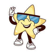 Groovy star character in sunglasses vector illustration. Cartoon isolated retro funny sticker of yellow star with glasses waving hand, happy mascot with arms and legs, smile expression on comic face