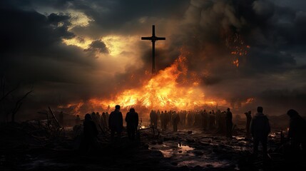 tłum ludzi przed palącym się ogromnym krzyżem z wielkimi płomieniami na stosie