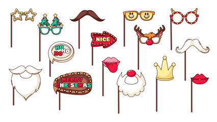 Christmas photo booth props set vector illustration. Cartoon isolated Xmas festive party collection of glasses with green Christmas Tree, Santa Claus nose and beard, reindeer antlers and red lips © Victoria Sergeeva