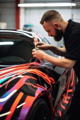 Car wrapping specialist putting vinyl foil or film on a car - obrazy, fototapety, plakaty