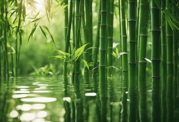 Fototapeta na wymiar Bamboo Background - Lush Foliage With Reflection In The Water