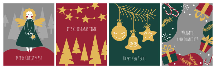 Merry Christmas and Happy New Year. A set of greeting cards, posters, banners with a printing house. Templates with wishes for social networks, printing. Minimal design for a gift bag, packaging.