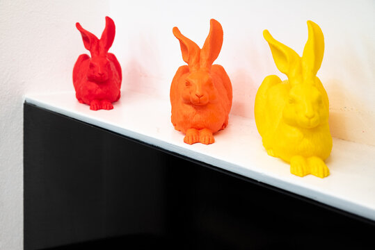 Famous souvenirs from Albertina Art Gallery in Vienna, Austria - red orange and yellow hares based on Albrecht Durer 'Feldhase'