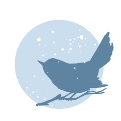 Round abstract icon of a bird on a branch and falling snow. Vector graphics.