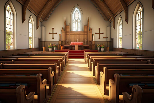Highly detailed and photorealistic image of the interior of a Baptist church