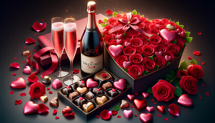 showcasing a sophisticated Valentine's Day celebration with an upscale bottle of champagne, crystal glasses, and romantic elements.
