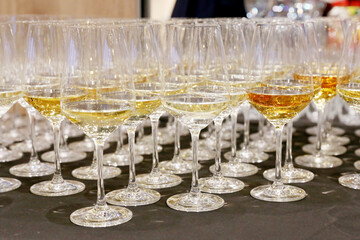 Group of wine glasses at partytime. Hospitality background