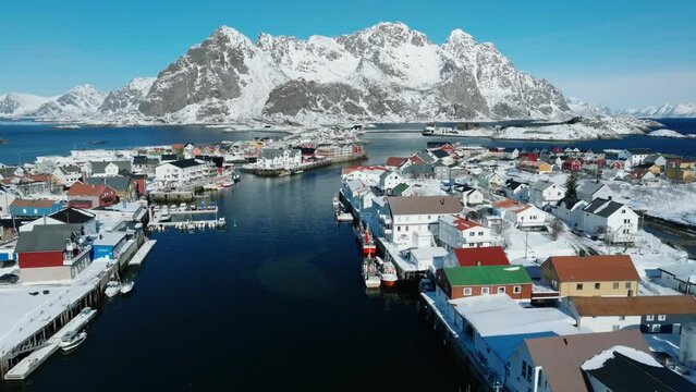 Aerial view of fishing Village in Northern Norway's Lofoten Islands