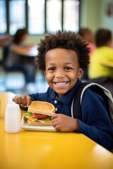 Young boy preschooler eating lunch sitting in the school cafeteria