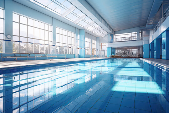 An image of an empty, indoor swimming pool with beautiful blue water